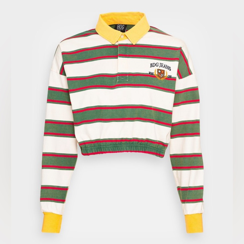 BDG Cropped Rugby Polo Shirt - White/Green/Yellow 100% Cotton Size S